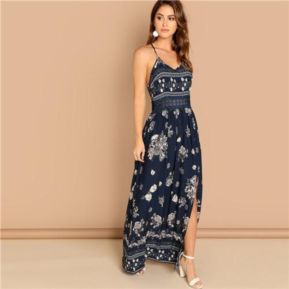 NWOT Navy Lace Waist Split Front Cami Dress